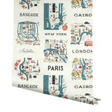City Maps Blue & Red Wallpaper with Illustrated World City Motif - York RI5162