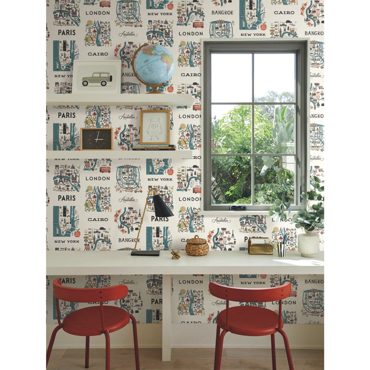 City Maps Blue & Red Wallpaper with Illustrated World City Motif - York RI5162