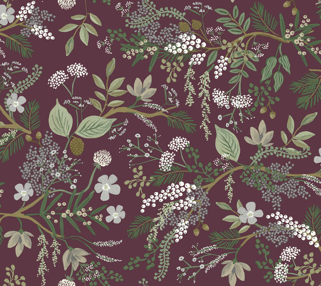 Juniper Forest Burgundy Wallpaper with Botanical Forest Motif - York RI5164