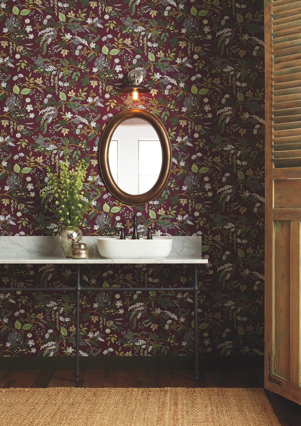 Juniper Forest Burgundy Wallpaper with Botanical Forest Motif - York RI5164