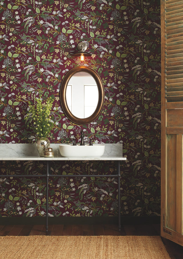 Juniper Forest Burgundy Wallpaper with Botanical Forest Motif - York RI5164