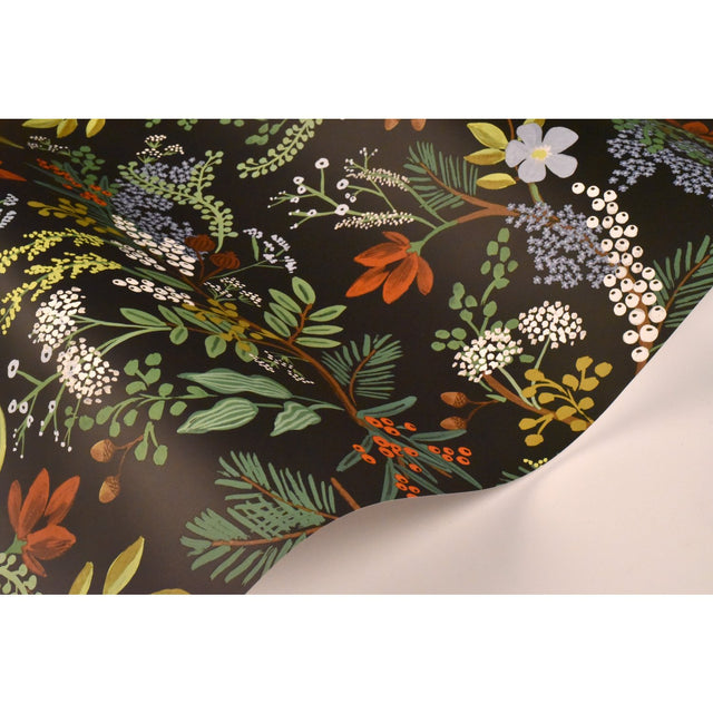 Juniper Forest Black Botanical Wallpaper with Woodsy Berries and Pinecones Motif - York RI5166