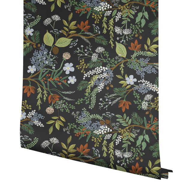 Juniper Forest Black Botanical Wallpaper with Woodsy Berries and Pinecones Motif - York RI5166