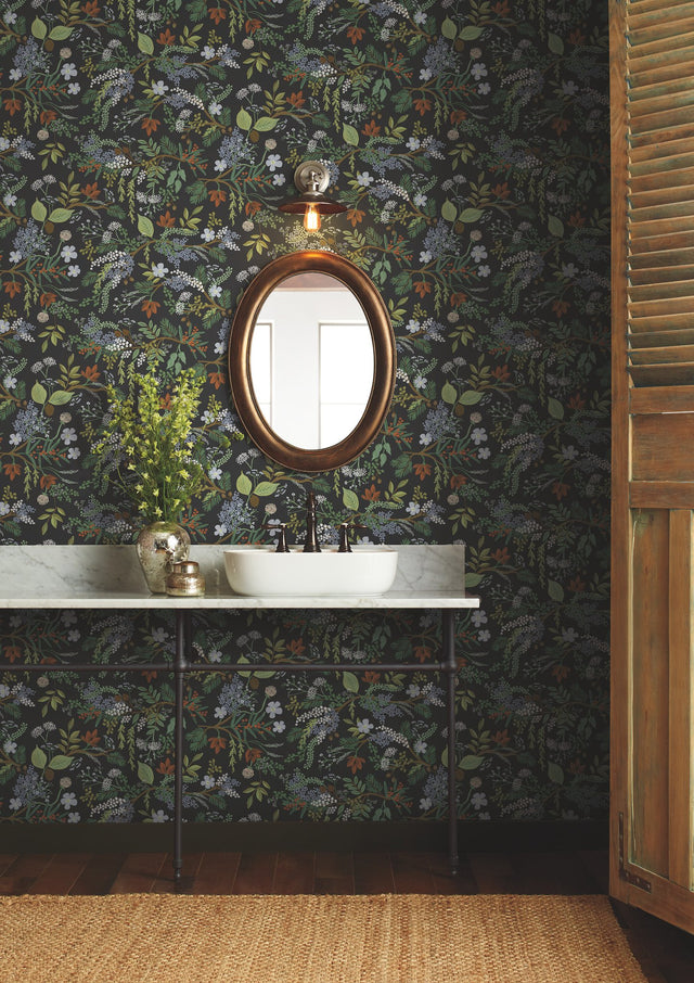 Juniper Forest Black Botanical Wallpaper with Woodsy Berries and Pinecones Motif - York RI5166