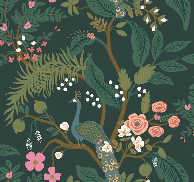 Peacock Emerald Wallpaper with Chinoiserie Peacock and Floral Pattern - York RI5168