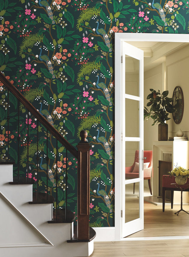 Peacock Emerald Wallpaper with Chinoiserie Peacock and Floral Pattern - York RI5168
