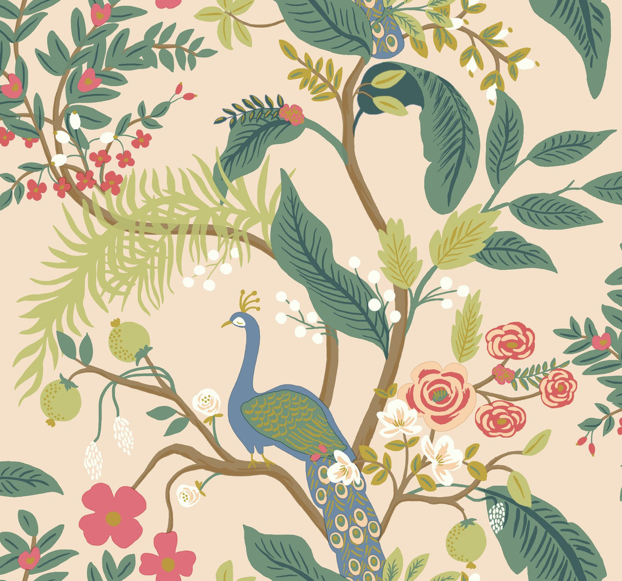 Peacock Light Pink Wallpaper with Chinoiserie Peacock and Floral Motif - York RI5169
