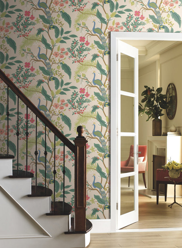 Peacock Light Pink Wallpaper with Chinoiserie Peacock and Floral Motif - York RI5169