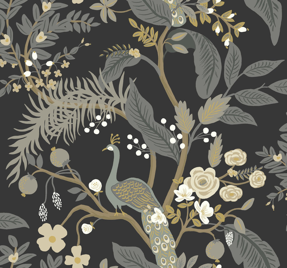 Peacock Black Wallpaper with Chinoiserie Peacock and Floral Pattern - York RI5170