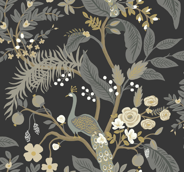 Peacock Black Wallpaper with Chinoiserie Peacock and Floral Pattern - York RI5170