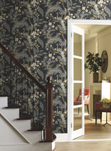 Peacock Black Wallpaper with Chinoiserie Peacock and Floral Pattern - York RI5170