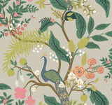 Peacock Linen Wallpaper with Chinoiserie Peacock and Floral Motif - York RI5171