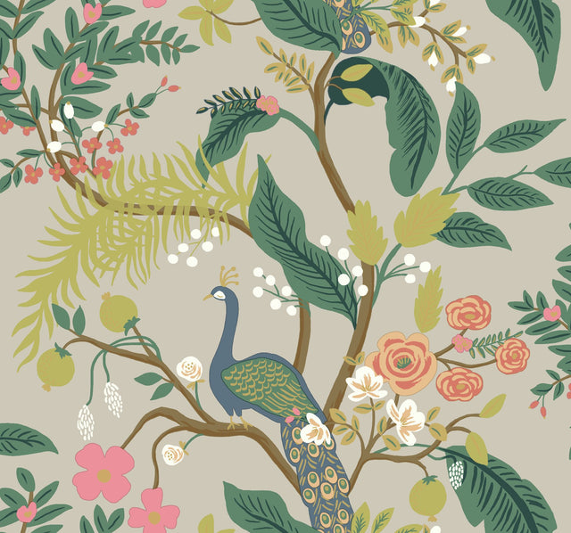 Peacock Linen Wallpaper with Chinoiserie Peacock and Floral Motif - York RI5171