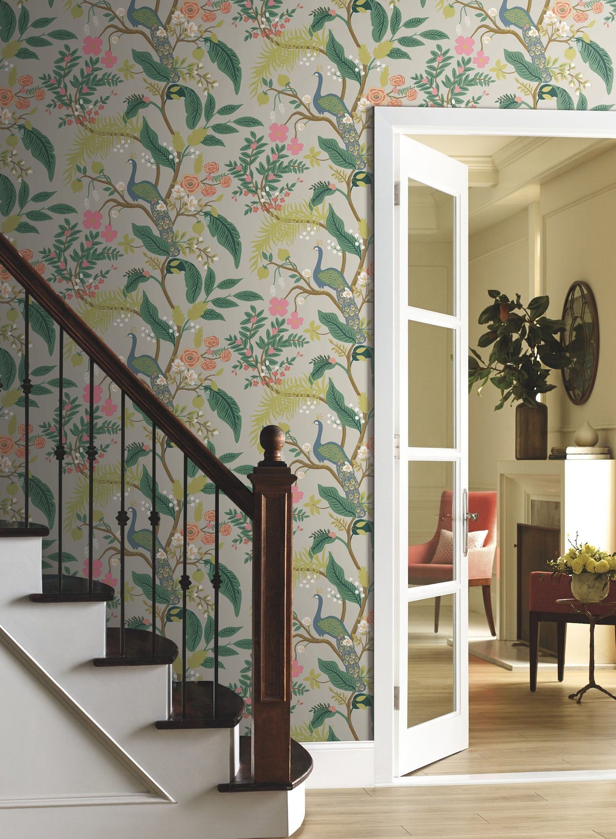 Peacock Linen Wallpaper with Chinoiserie Peacock and Floral Motif - York RI5171