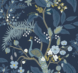 Peacock Navy Wallpaper with Chinoiserie Peacock and Floral Motif - York RI5172