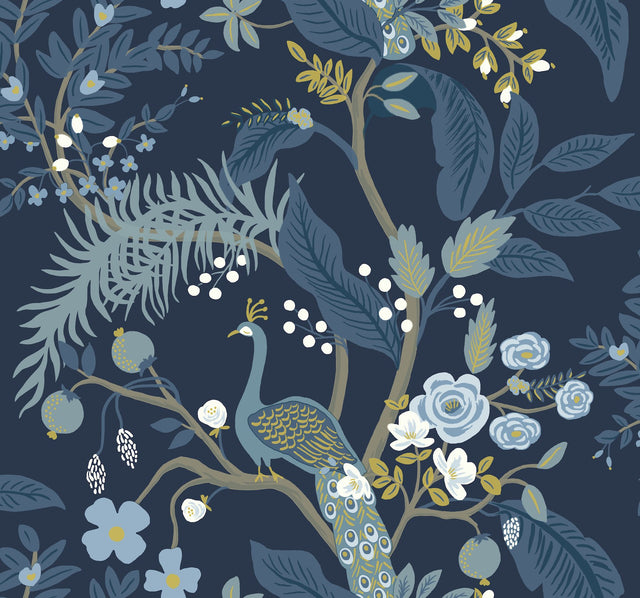 Peacock Navy Wallpaper with Chinoiserie Peacock and Floral Motif - York RI5172