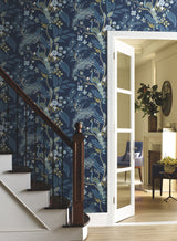 Peacock Navy Wallpaper with Chinoiserie Peacock and Floral Motif - York RI5172