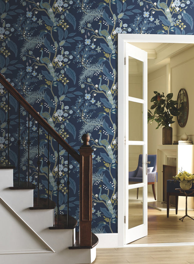 Peacock Navy Wallpaper with Chinoiserie Peacock and Floral Motif - York RI5172