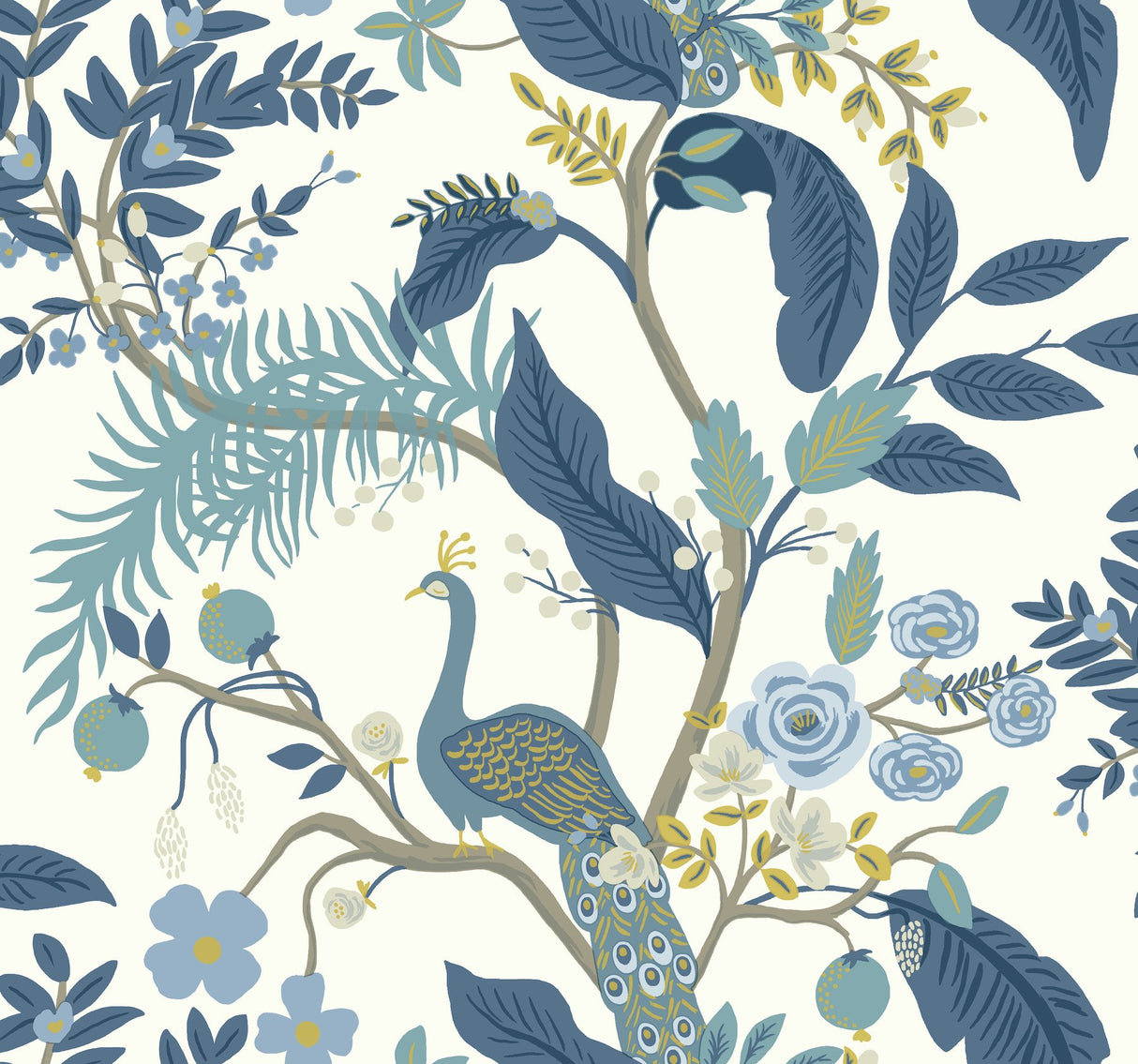 Peacock Blue & White Wallpaper with Chinoiserie Peacock and Floral Pattern - York RI5173