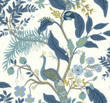 Peacock Blue & White Wallpaper with Chinoiserie Peacock and Floral Pattern - York RI5173