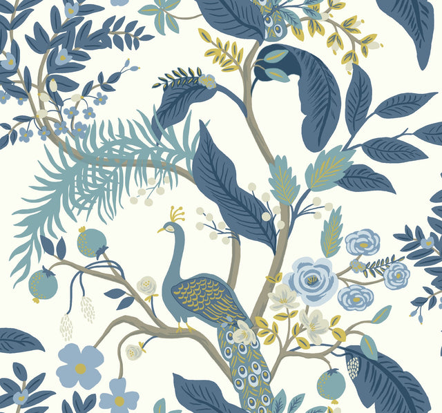 Peacock Blue & White Wallpaper with Chinoiserie Peacock and Floral Pattern - York RI5173