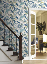 Peacock Blue & White Wallpaper with Chinoiserie Peacock and Floral Pattern - York RI5173