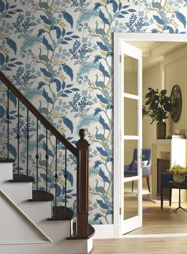 Peacock Blue & White Wallpaper with Chinoiserie Peacock and Floral Pattern - York RI5173