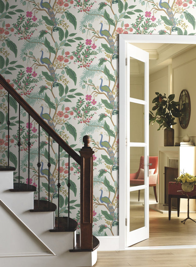 Peacock Periwinkle Wallpaper with Chinoiserie Peacock and Floral Motif - York RI5174