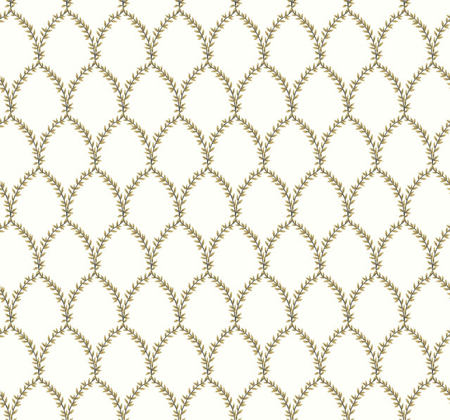 Laurel Gold & White Wallpaper with Botanical Laurel Lattice - York RI5176