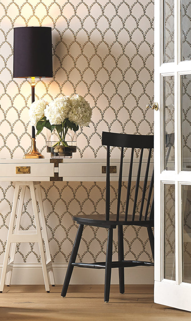 Laurel Gold & White Wallpaper with Botanical Laurel Lattice - York RI5176