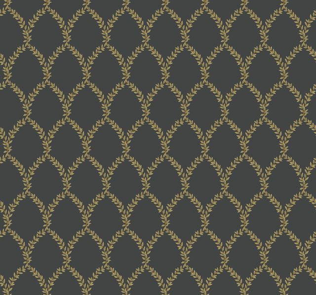 Laurel Gold & Black Wallpaper with Metallic Laurel Wreath Trellis - York RI5177