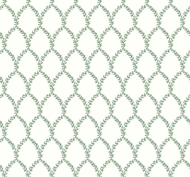 Laurel Green & White Wallpaper with Botanical Leaf Lattice  Rifle Paper Co. RI5178 - York