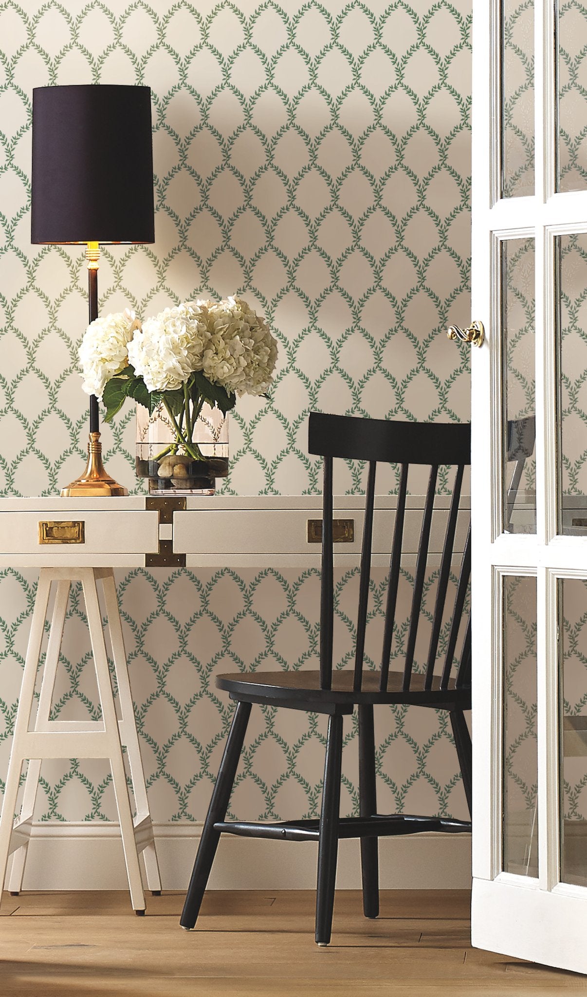 Laurel Green & White Wallpaper with Botanical Leaf Lattice- Rifle Paper Co. RI5178 - York
