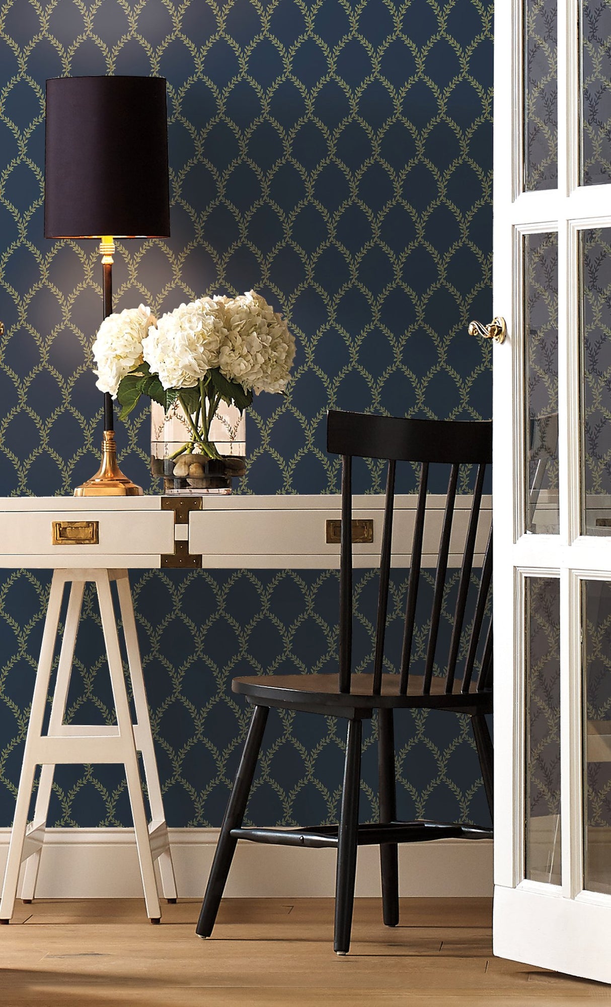 Laurel Navy Wallpaper with Botanical Leaf Arch Pattern - York RI5179