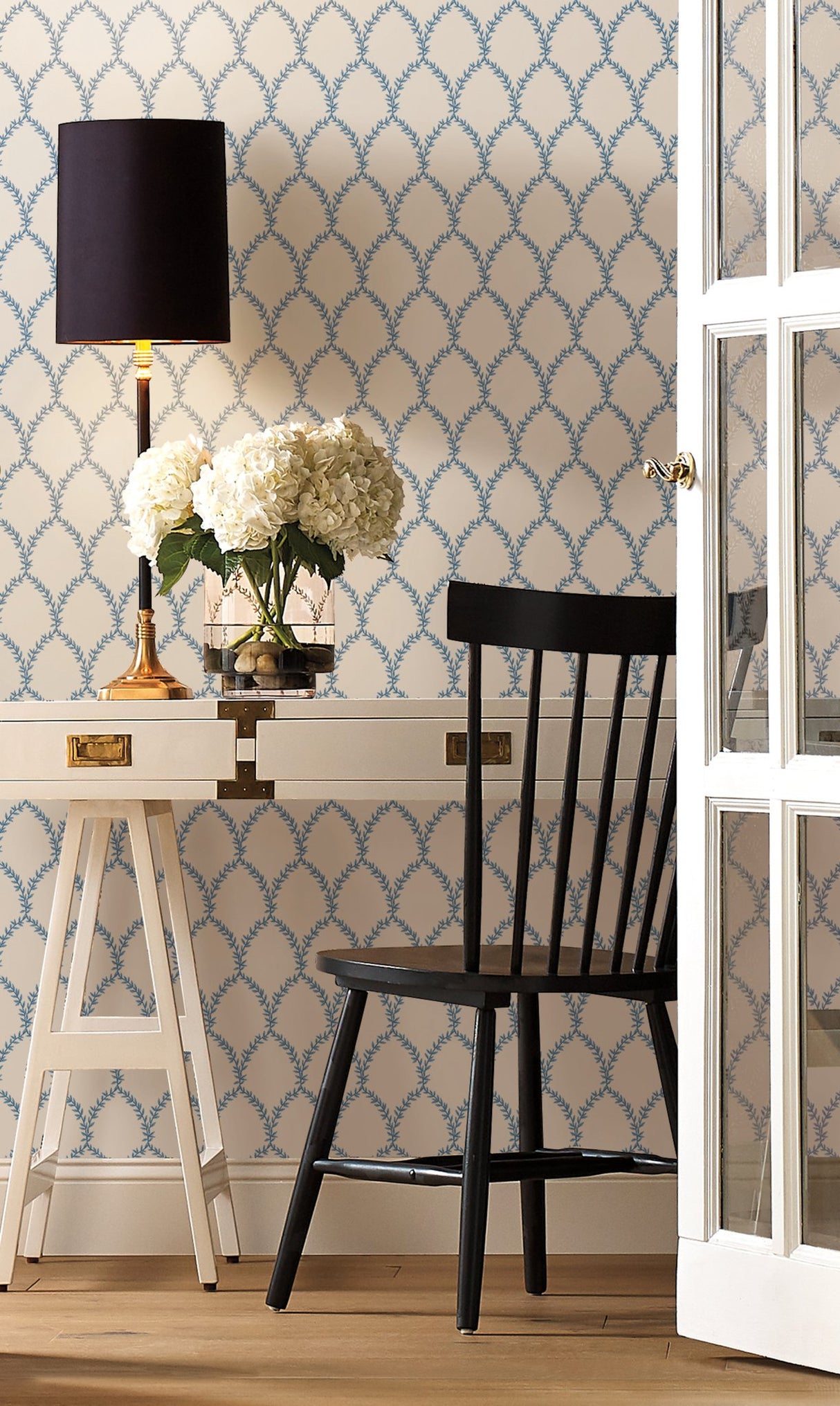 Laurel Blue & White Wallpaper with Botanical Laurel Trellis Pattern, Unpasted Non Woven, 27 in x 27 ft - York RI5180