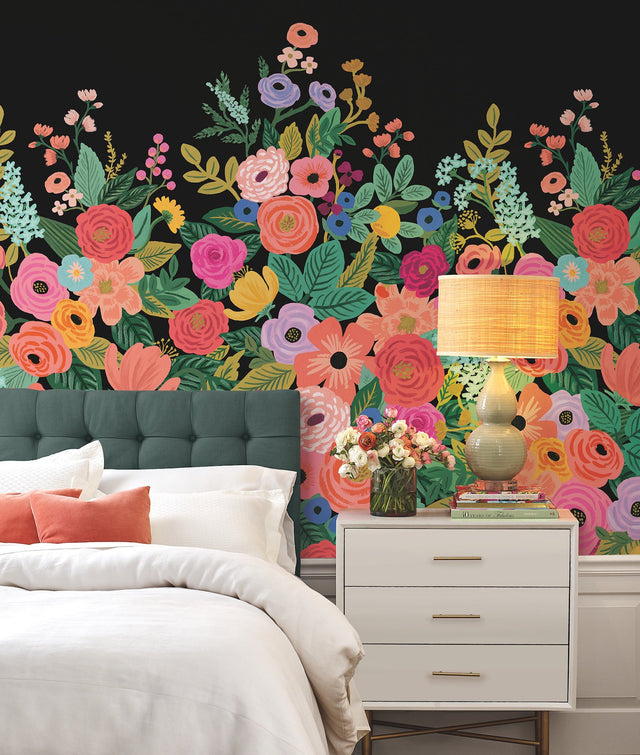 Garden Party Black Florals Wall Mural with Whimsical Style - York RI5192M