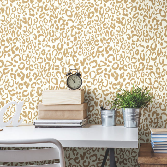 Leopard Gold Peel & Stick Wallpaper with Metallic Glam Animal Print Texture Pattern - York RMK10700WP