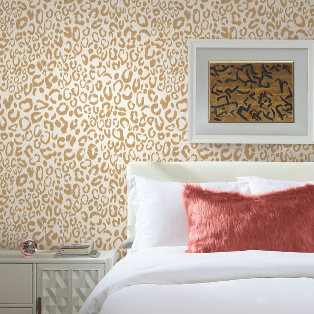 Leopard Gold Peel & Stick Wallpaper with Metallic Glam Animal Print Texture Pattern - York RMK10700WP