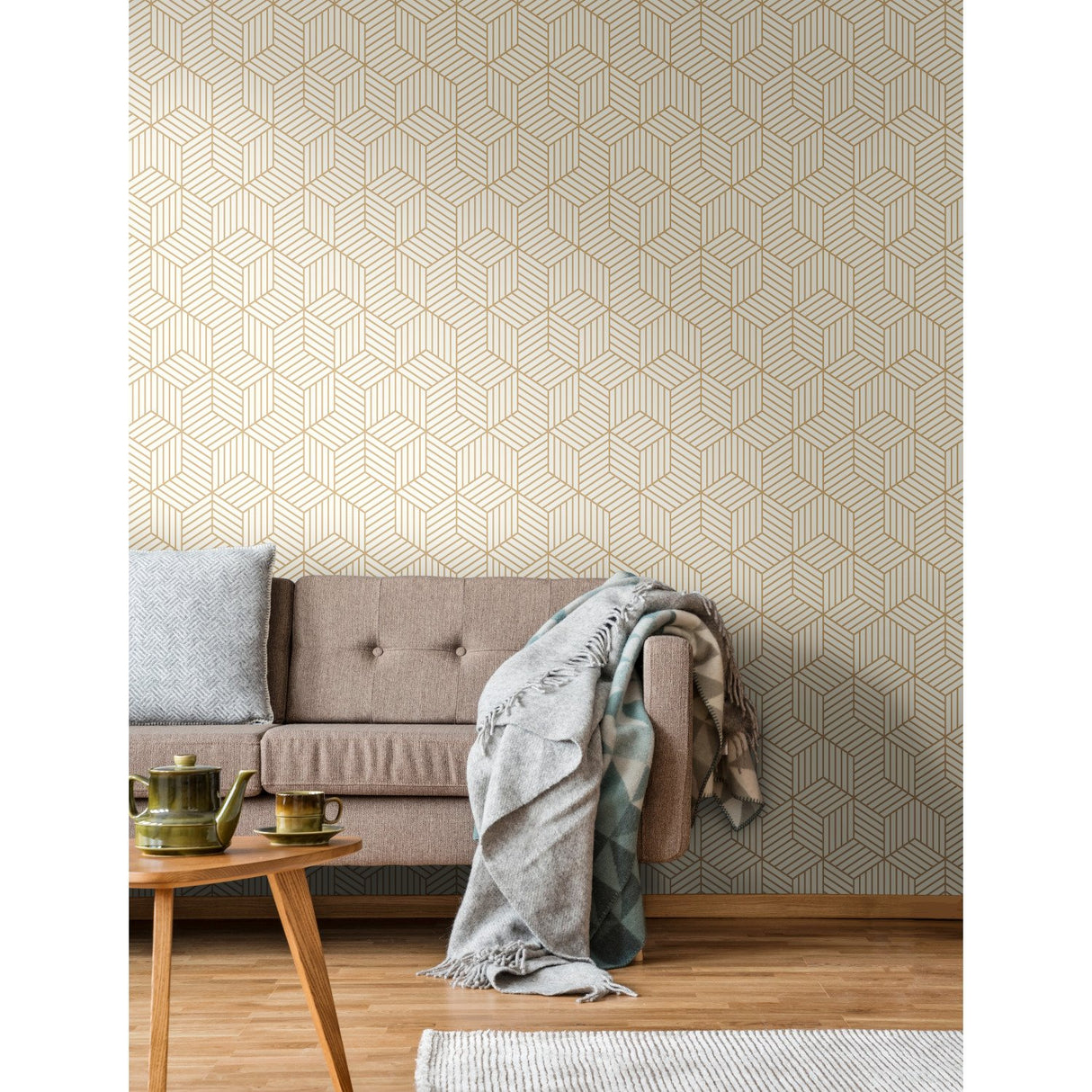 Striped Hexagon White & Gold Peel & Stick Wallpaper with Metallic Geometric Stripes - York RMK10704WP