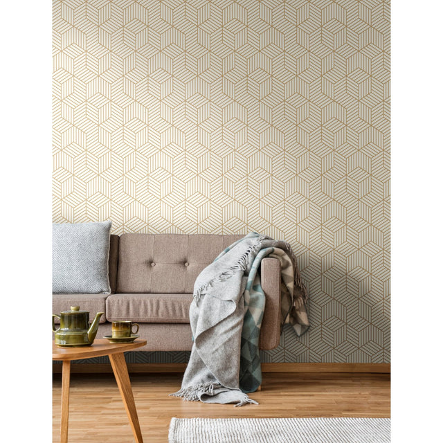 Striped Hexagon White & Gold Peel & Stick Wallpaper with Metallic Geometric Stripes - York RMK10704WP