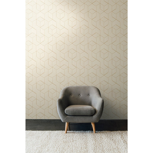 Striped Hexagon White & Gold Peel & Stick Wallpaper with Metallic Geometric Stripes - York RMK10704WP