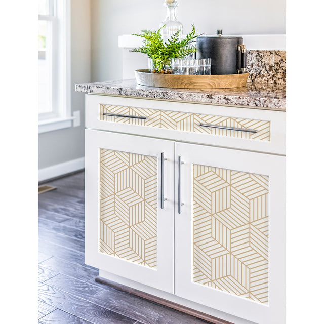 Striped Hexagon White & Gold Peel & Stick Wallpaper with Metallic Geometric Stripes - York RMK10704WP