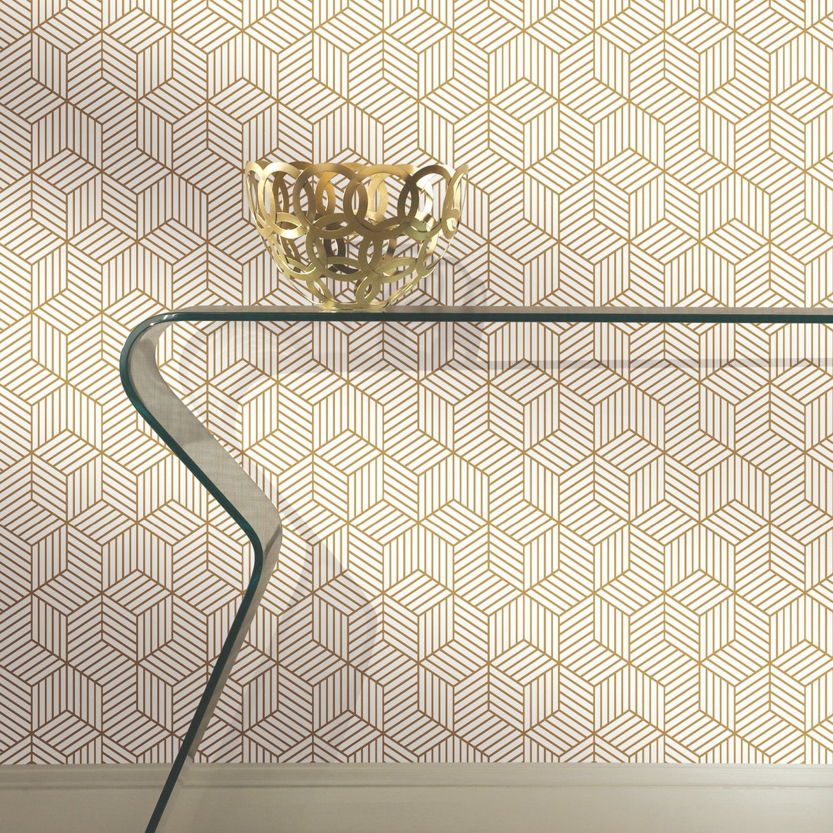 Striped Hexagon White & Gold Peel & Stick Wallpaper with Metallic Geometric Stripes - York RMK10704WP