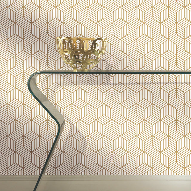 Striped Hexagon White & Gold Peel & Stick Wallpaper with Metallic Geometric Stripes - York RMK10704WP