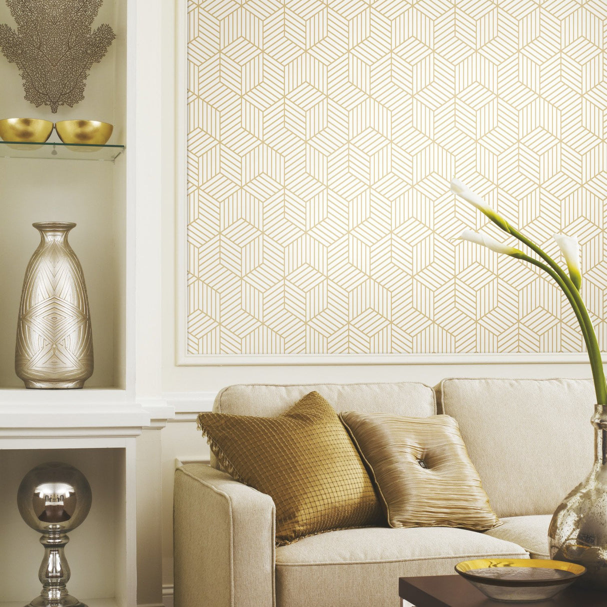 Striped Hexagon White & Gold Peel & Stick Wallpaper with Metallic Geometric Stripes - York RMK10704WP