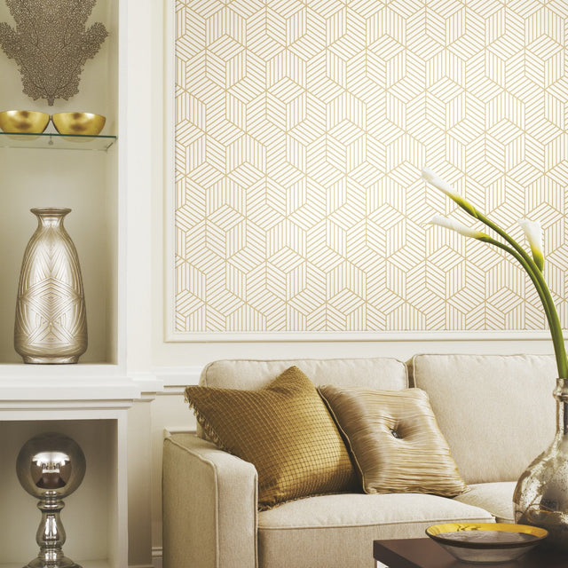 Striped Hexagon White & Gold Peel & Stick Wallpaper with Metallic Geometric Stripes - York RMK10704WP