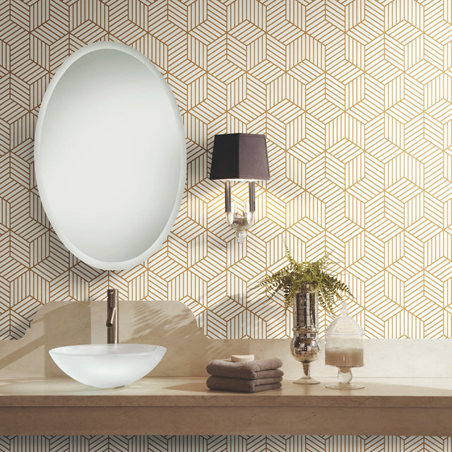 Striped Hexagon White & Gold Peel & Stick Wallpaper with Metallic Geometric Stripes - York RMK10704WP