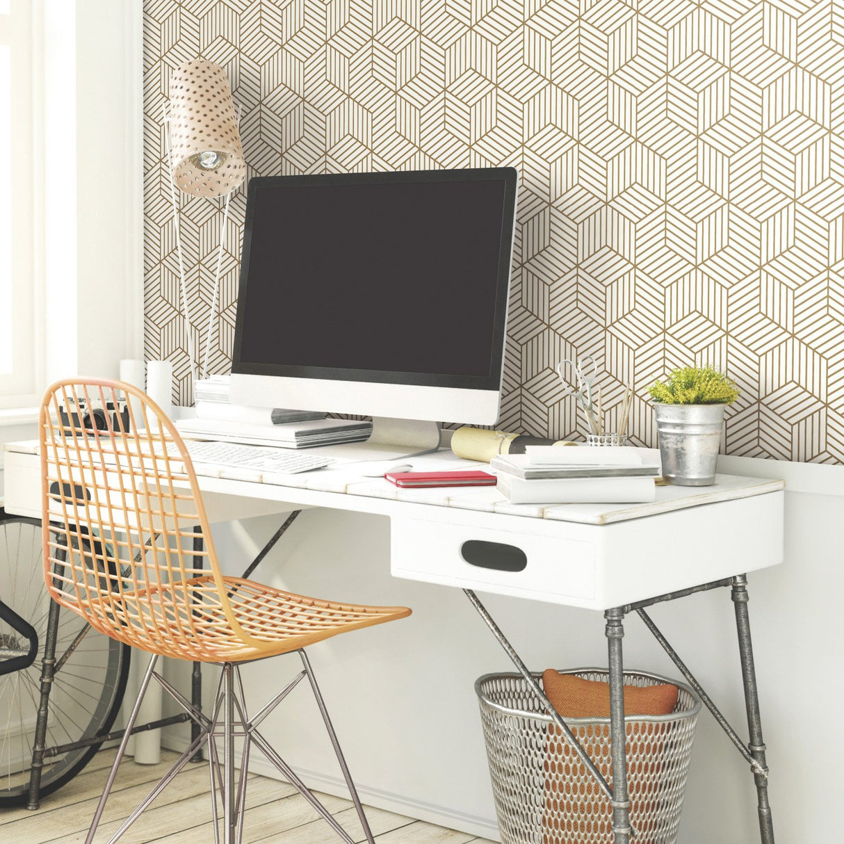 Striped Hexagon White & Gold Peel & Stick Wallpaper with Metallic Geometric Stripes - York RMK10704WP