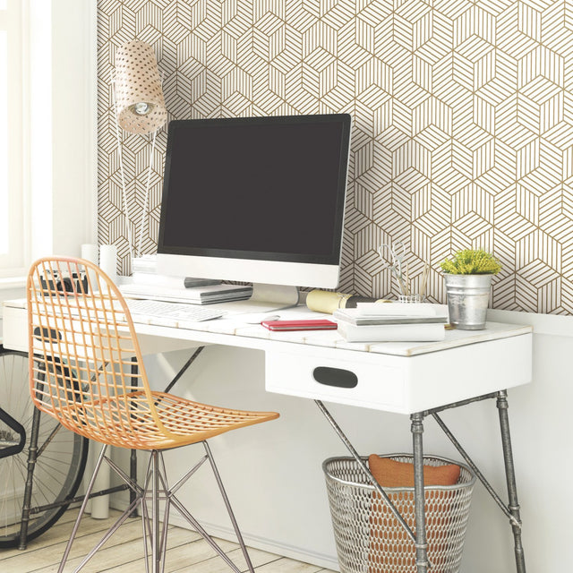Striped Hexagon White & Gold Peel & Stick Wallpaper with Metallic Geometric Stripes - York RMK10704WP