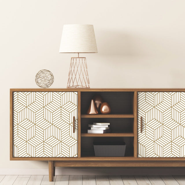 Striped Hexagon White & Gold Peel & Stick Wallpaper with Metallic Geometric Stripes - York RMK10704WP